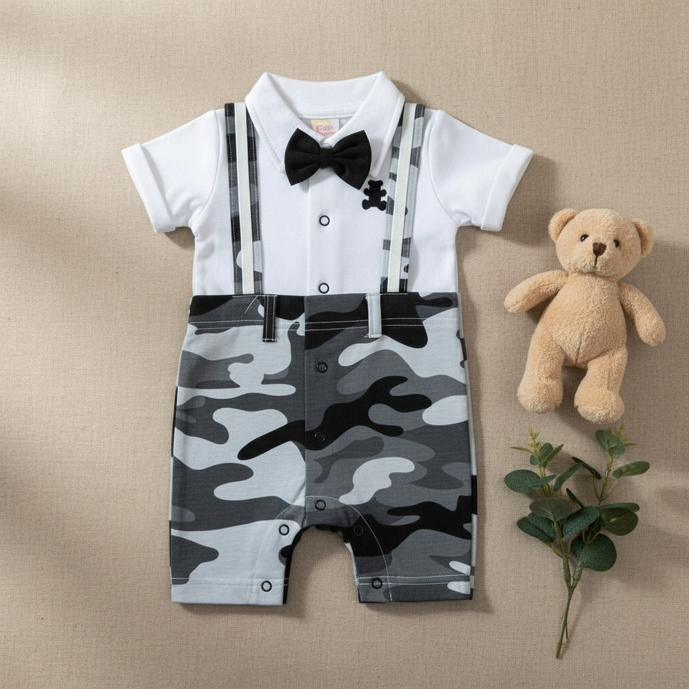 Petite Bears Baby Boy Camouflage Suspender Romper with Bow Tie – Size 3 6 Months